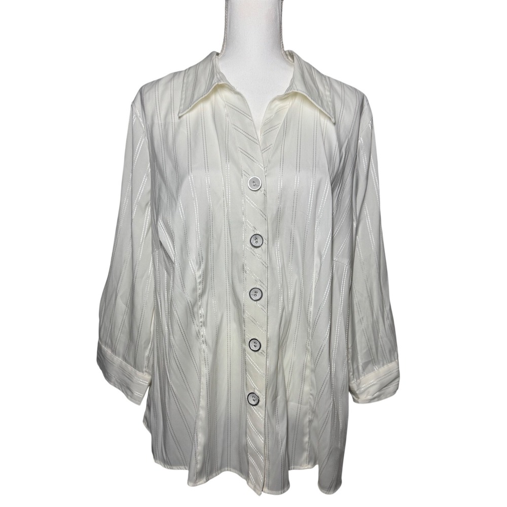 Essentials by Milano Button Up Blouse White Silver Pinstripe Good 3/4 Sleeve
